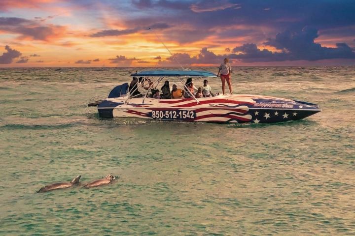 Boat with American flag design on ocean, dolphins swimming nearby at sunset.
