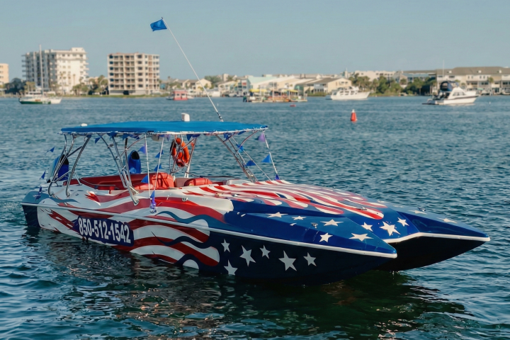 Boat with US flag design on water, city buildings in background.