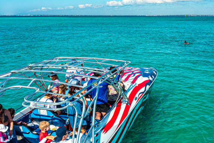 Tourists in a speedboat with American flag design on turquoise sea, distant dolphin visible.