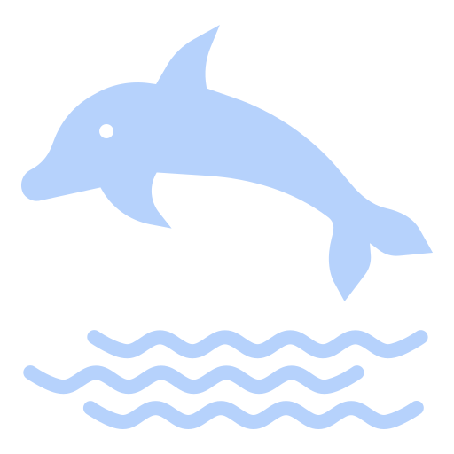 Blue dolphin icon jumping over waves on a white background.