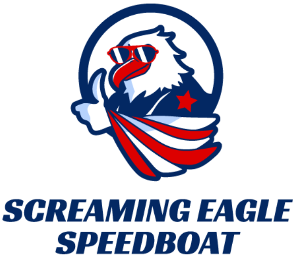 Eagle with sunglasses giving thumbs up, text: 'Screaming Eagle Speedboat'.
