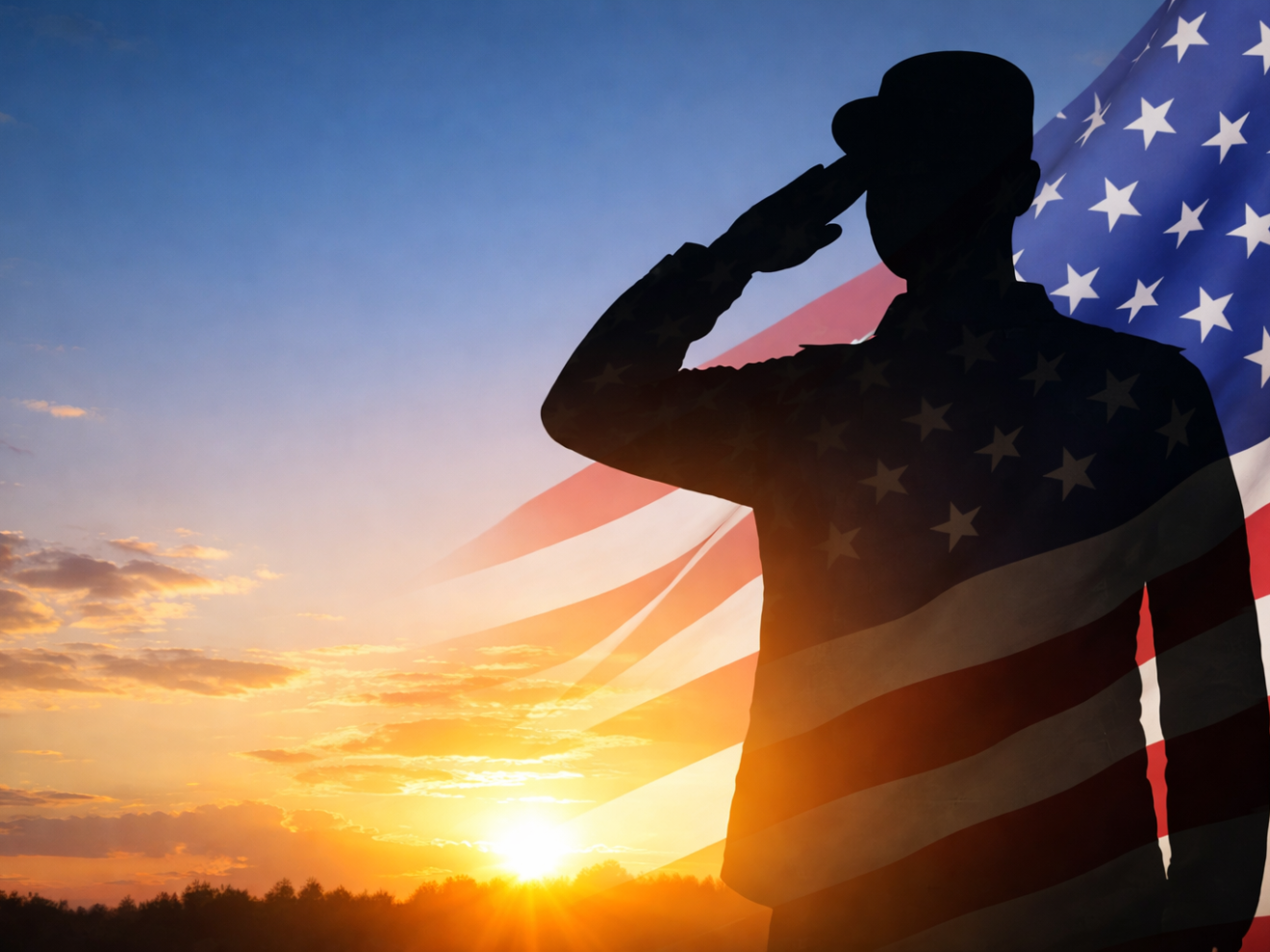 Silhouette of a saluting soldier with an American flag overlay against a sunset.