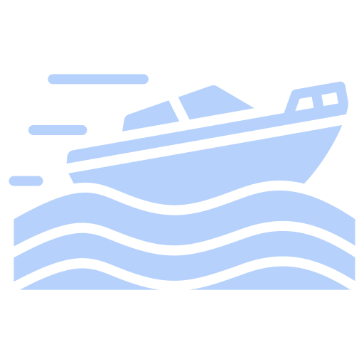 Blue icon of a speedboat moving quickly on water waves.