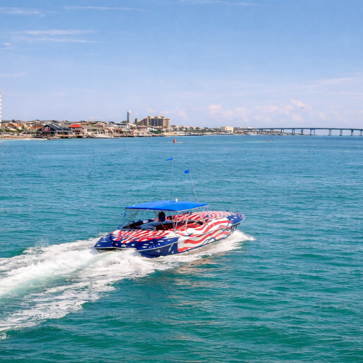 Boat with American flag design moves on blue water near coastal buildings and a bridge.